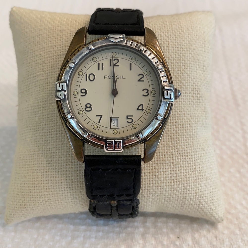 Fossil Black Silver Vintage Water Resistant Watch Original Woven Leather Strap